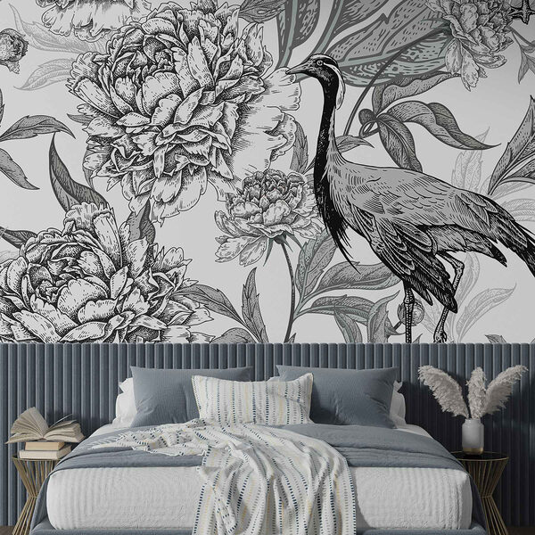 Wall murals Bird and flowers on a white background (SKU: w02363) Wall murals Wall murals Bird and flowers on a white background (SKU: w02363)