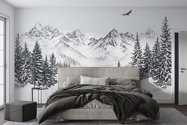 Snowy mountain landscape with trees and a bird flying over it Wall murals Snowy mountain landscape with trees and a bird flying over it