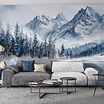 Wall mural Lake with snow covered mountains and trees
