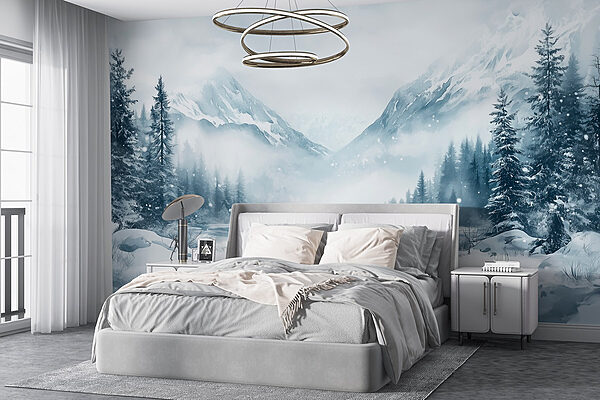 Snowy landscape with a lake and mountains Wall murals Snowy landscape with a lake and mountains