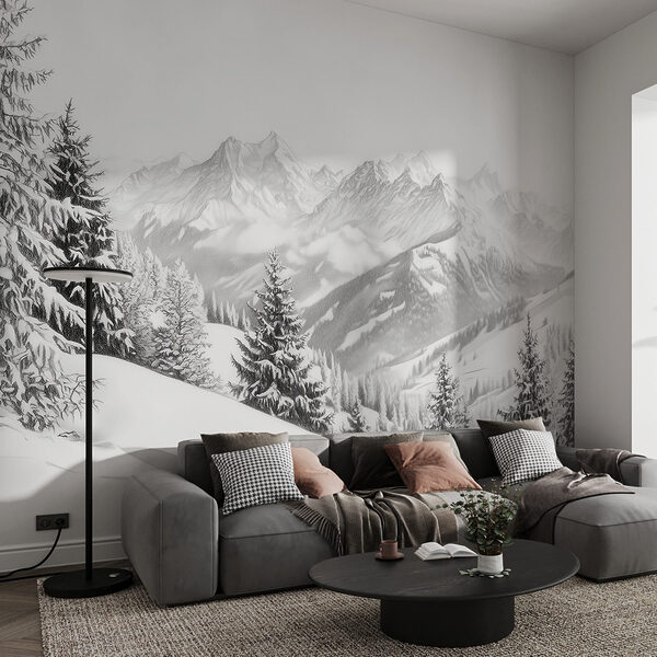 Snowy mountain with trees and mountains in the background Wall mural Snowy mountain with trees and mountains in the background