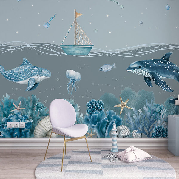 Wall mural Wall mural Sea life with a boat and fish (SKU: w02310v3)