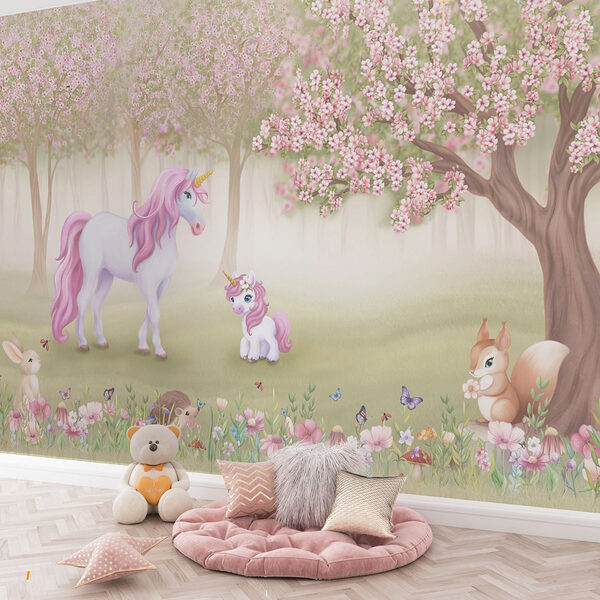 Wall mural Unicorn and a squirrel in a forest