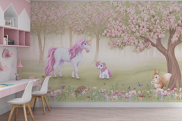 Unicorn and a squirrel in a forest Wall murals Unicorn and a squirrel in a forest