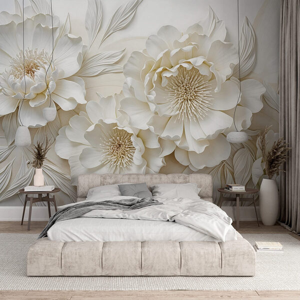 Wall mural White flowers with leaves