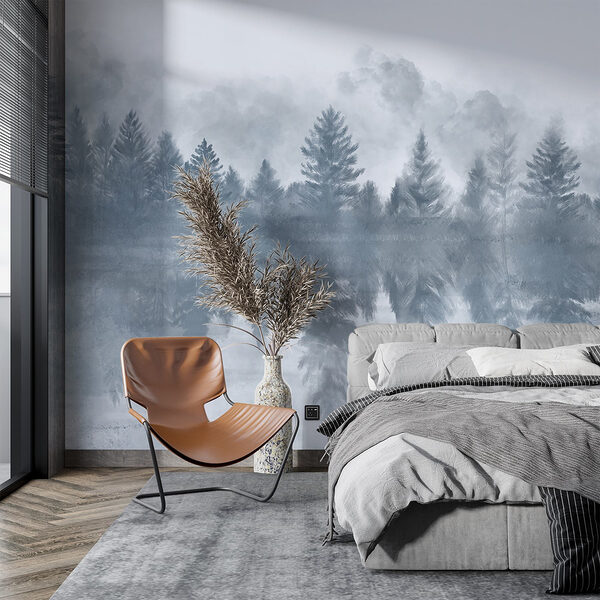Foggy forest with trees reflected in water Wall murals Foggy forest with trees reflected in water