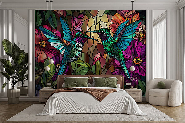 Stained glass window with colorful birds Wall murals Stained glass window with colorful birds