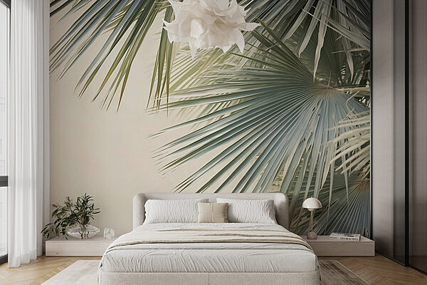 – Lush palm leaves against a soft backdrop Wall murals – Lush palm leaves against a soft backdrop