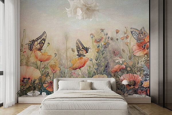 Butterflies on flowers in a field Wall murals Butterflies on flowers in a field