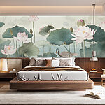 Wall murals Duck in a pond with lotus flowers
