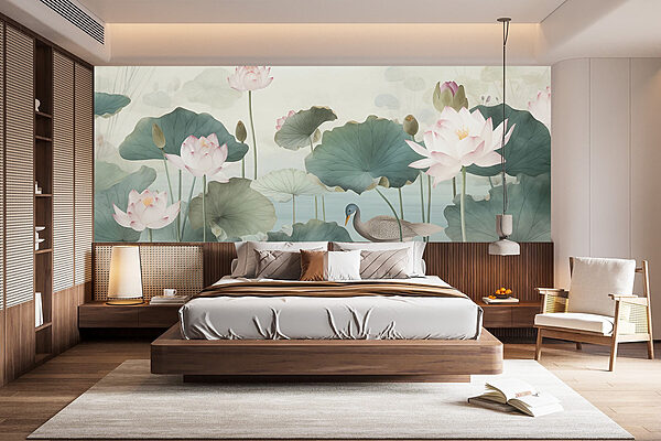 Duck in a pond with lotus flowers Wall murals Duck in a pond with lotus flowers