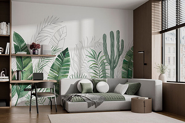 Group of green leaves and cactuses Wall murals Group of green leaves and cactuses