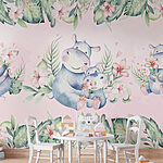 Wall murals Seamless pattern of watercolor hippos and flowers