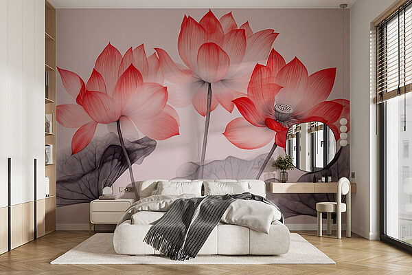 Group of pink flowers with leaves Wall murals Group of pink flowers with leaves