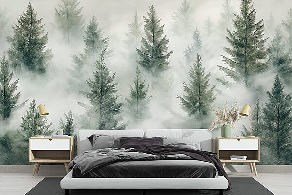 Group of trees with fog Wall murals Group of trees with fog