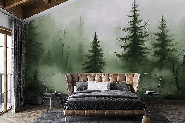 Foggy forest with trees Wall murals Foggy forest with trees