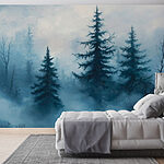 Wall murals Foggy forest with trees