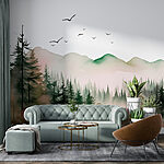 Wall murals Watercolor painting of a forest and mountains