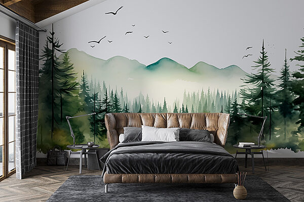 Watercolor of a forest and mountains Wall murals Watercolor of a forest and mountains