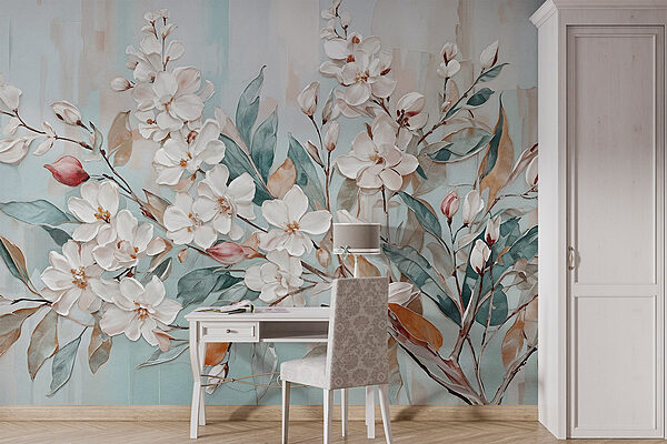 Painting of flowers on a blue background Wall murals Painting of flowers on a blue background