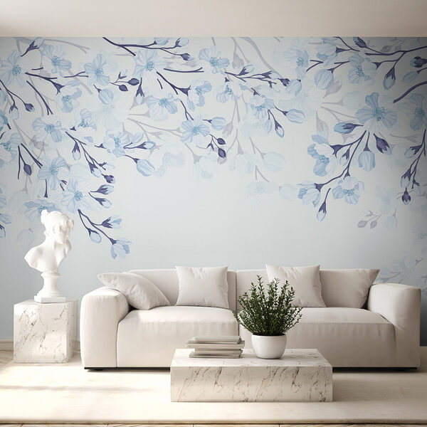 Wall mural Wall mural White and blue flowers on a white background (SKU: w02200v1)