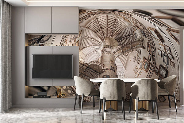 Circular building with multiple staircases and pictures on the walls Wall murals Circular building with multiple staircases and pictures on the walls
