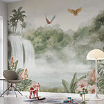 Wall murals Waterfall with birds flying over it