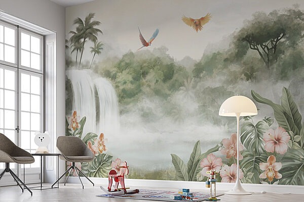 Waterfall with birds flying over it Wall murals Waterfall with birds flying over it