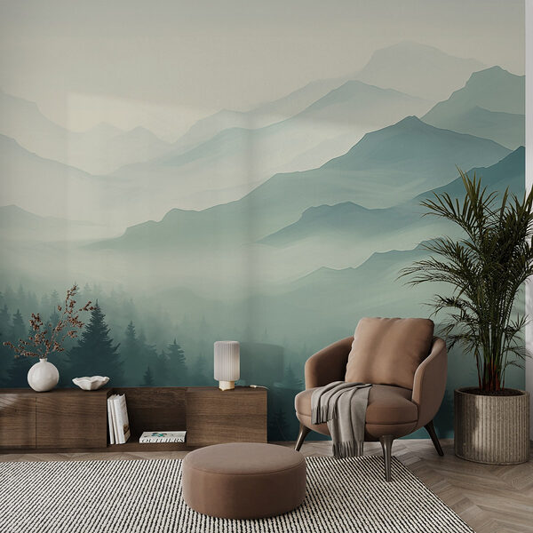 Foggy mountain landscape with trees Wall murals Foggy mountain landscape with trees