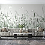Wall murals Field of grass with birds flying