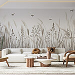 Wall murals Field of grass with birds flying