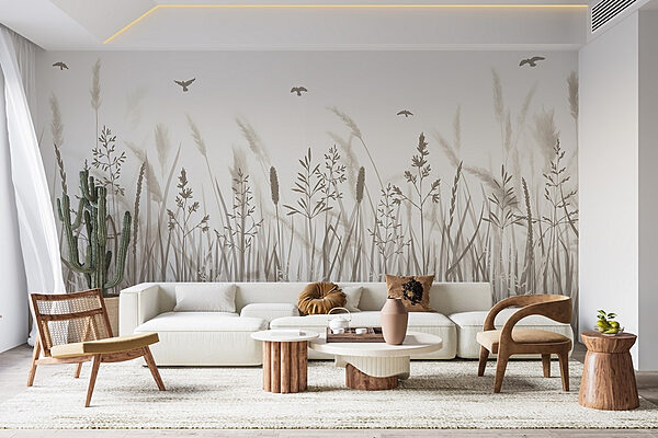 Field of grass with birds flying Wall murals Field of grass with birds flying