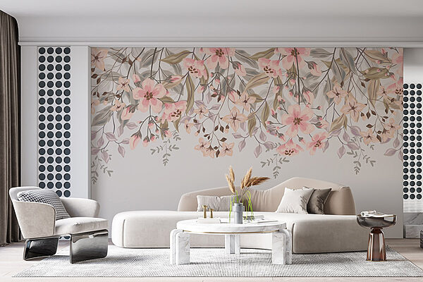 Wall murals Delicate blooms and soft leaves blend (SKU: w02096) Wall murals Wall murals Delicate blooms and soft leaves blend (SKU: w02096)