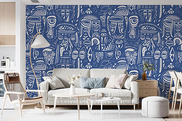 Wall murals Wall murals Blue and white pattern of faces (SKU: u98723)