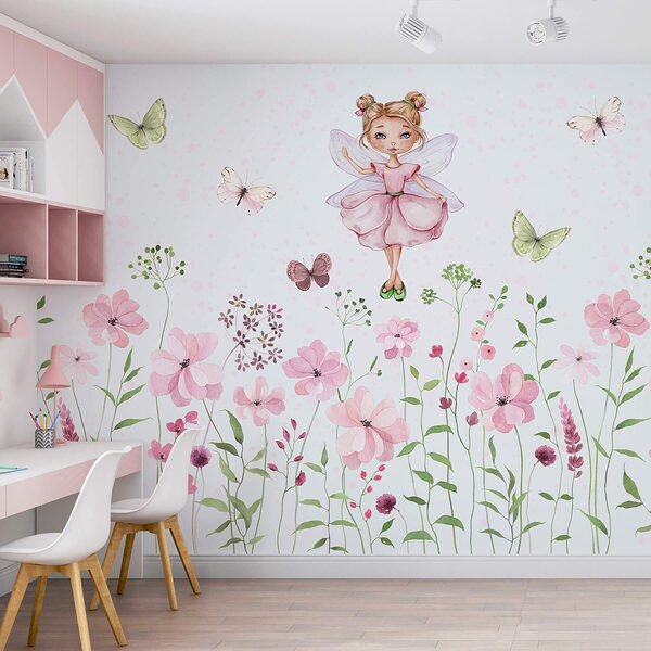 Watercolor of a fairy in a pink dress surrounded by flowers Wall murals Watercolor of a fairy in a pink dress surrounded by flowers