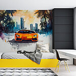 Wall mural Orange sports car in the snow