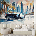 Wall mural Painting of a white sports car driving on a road with palm trees
