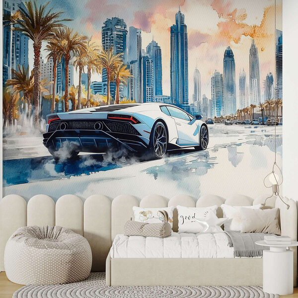 Wall mural Painting of a white sports car driving on a road with palm trees