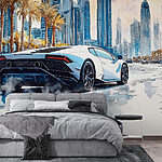 Wall murals Painting of a white sports car driving on a road with palm trees
