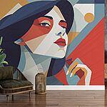 Wall murals Woman with blue hair and red and white makeup