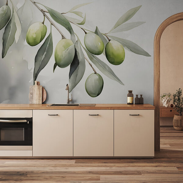 Branch with green fruits and leaves Wall mural Branch with green fruits and leaves