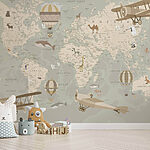 Wall murals Map of the world with airplanes and hot air balloons