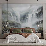 Wall murals Waterfall in foggy mountains