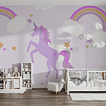 Wall murals Purple unicorn with stars and rainbows