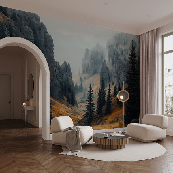 Rocky mountains with trees and fog Wall murals Rocky mountains with trees and fog
