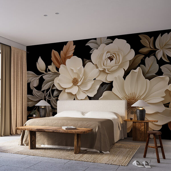 Group of white flowers with brown leaves Wall murals Group of white flowers with brown leaves