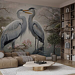 Wall murals Couple of white birds standing in water with pink flowers