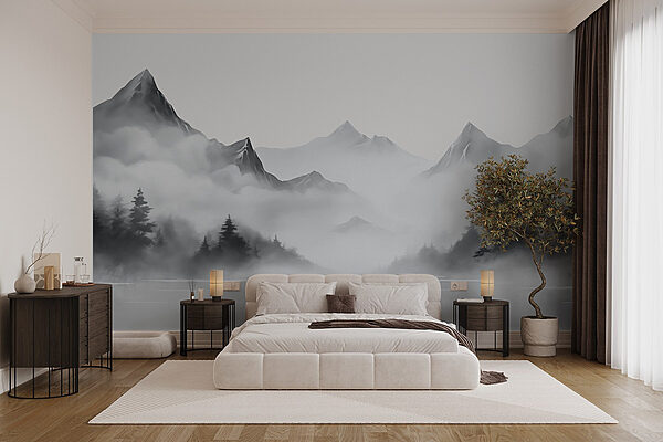 Foggy mountain landscape with trees and mountains Wall murals Foggy mountain landscape with trees and mountains
