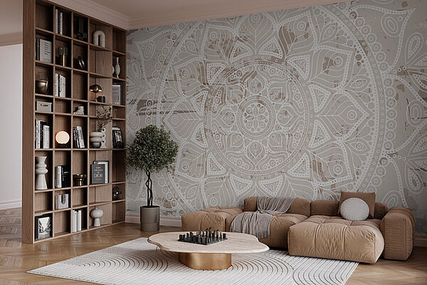 White mandala on a brown surface Wall murals White mandala on a brown surface