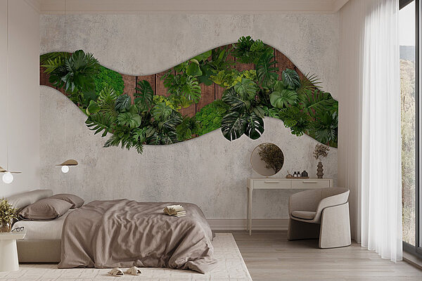Green leaves on a wooden surface Wall murals Green leaves on a wooden surface